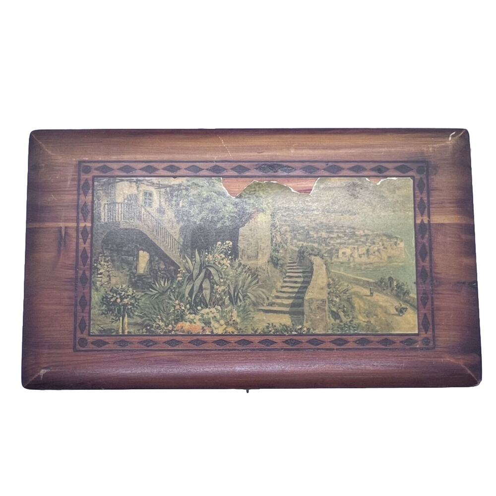 Cedar Wood Jewelry Trinket Box Hinged Footed Souvenir Vanity Box 1950s Vintage